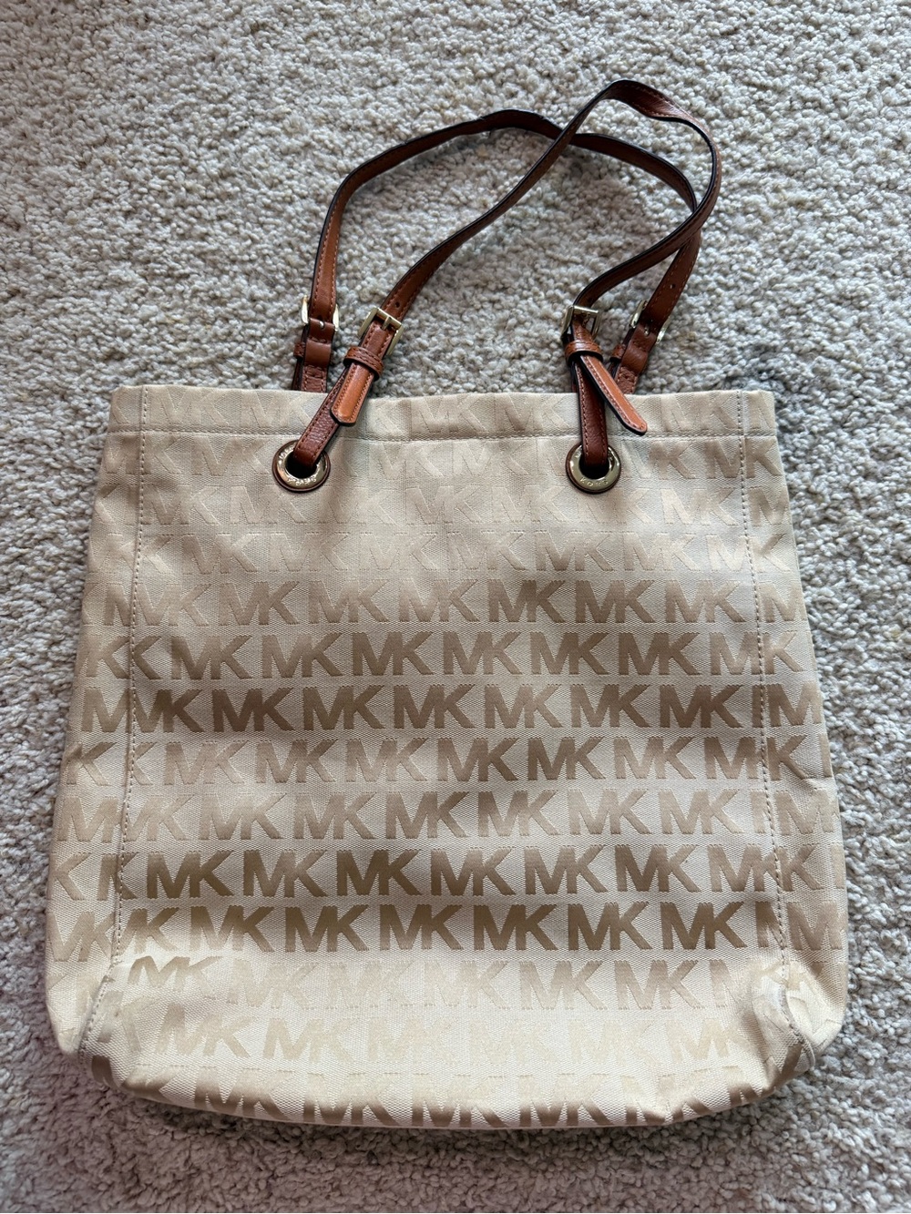 Michael Kors Beige MK Logo Canvas & Leather Tote Bag